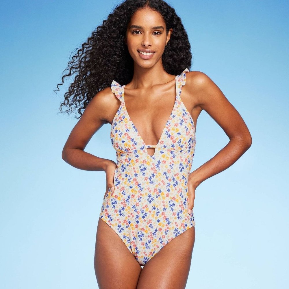 Women's Plunge One Piece Swimsuit Shade & Shore Ditsy Floral Print Blue Large